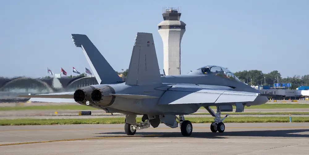 The U.S. Navy’s first Block III F/A-18 Super Hornet taxis towards the runway ahead of its delivery flight to Test and Evaluation Squadron (VX) 23 at Naval Air Station Patuxent River, Maryland.
