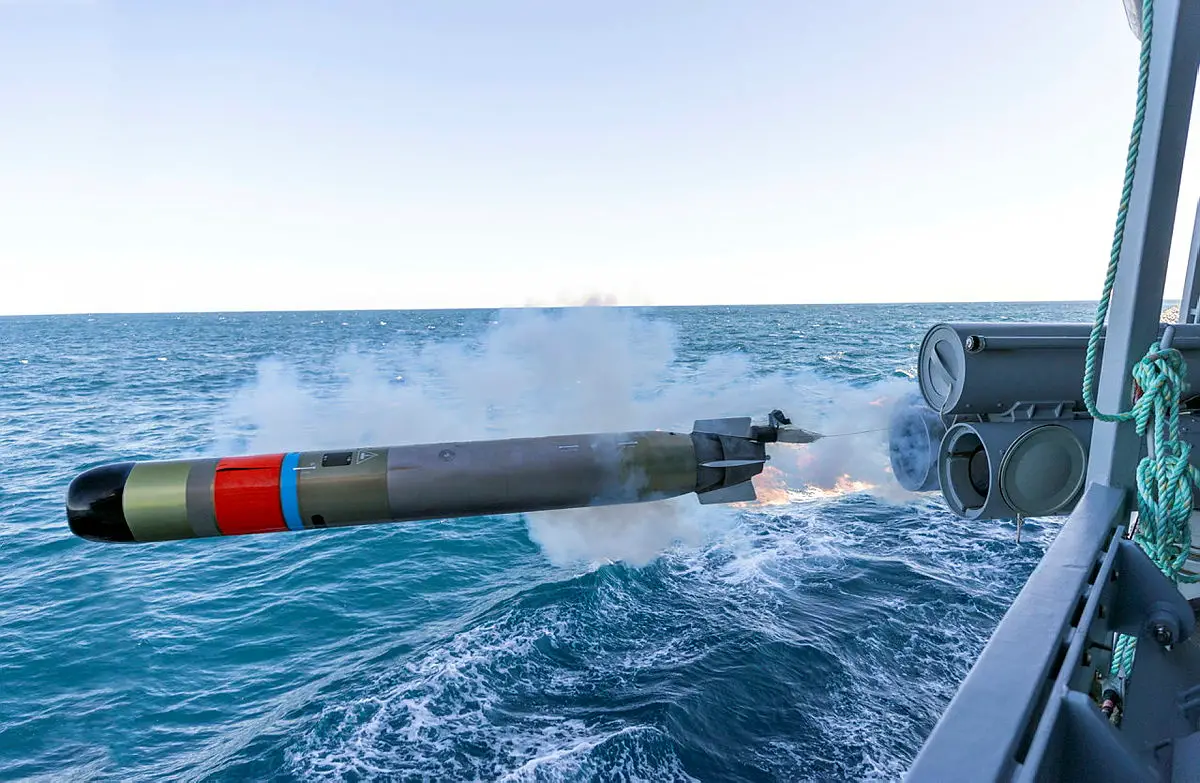 An MU-90 TVE Torpedo is fired from HMAS Warramunga during a weapons training exercise in the Western Australian Exercise Area. 