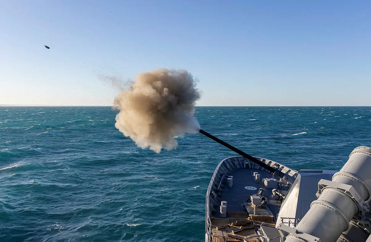 HMAS Warramunga conducts a 5 inch gun firing in the Western Australian Exercise Area.