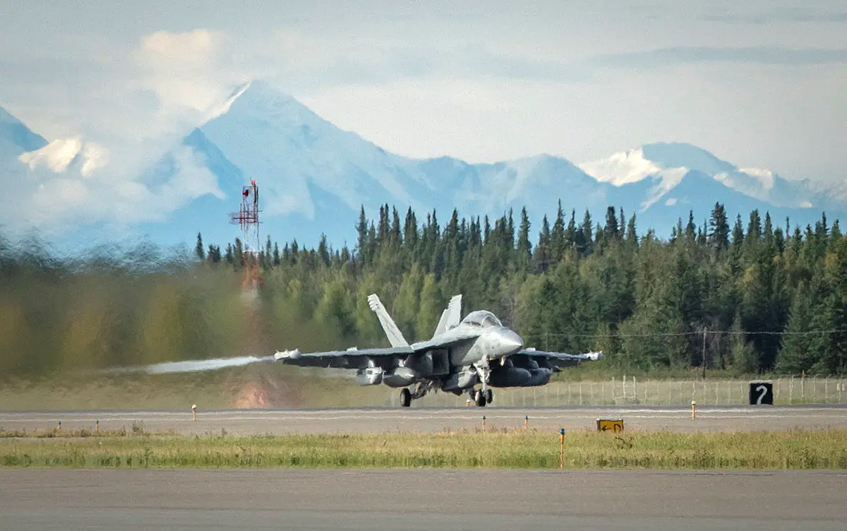 A Royal Australian Air Force EA-18G Growler aircraft from No. 6 Squadron, taxis along the runway at Eielson Air Force Base in Alaska, United States.