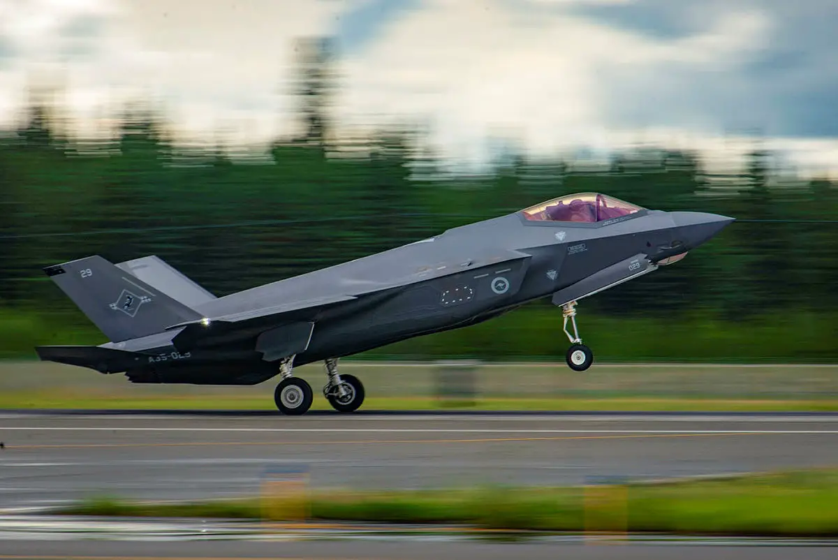 A Royal Australian Air Force F-35A Lightning II aircraft from No. 3 Squadron lands at Eielson Air Force Base in Alaska, United States, in preparation for Exercise Red Flag Alaska.