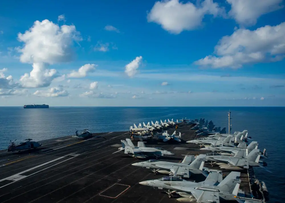 The U.S. Navy’s only forward-deployed aircraft carrier USS Ronald Reagan (CVN 76) steams through international waters.