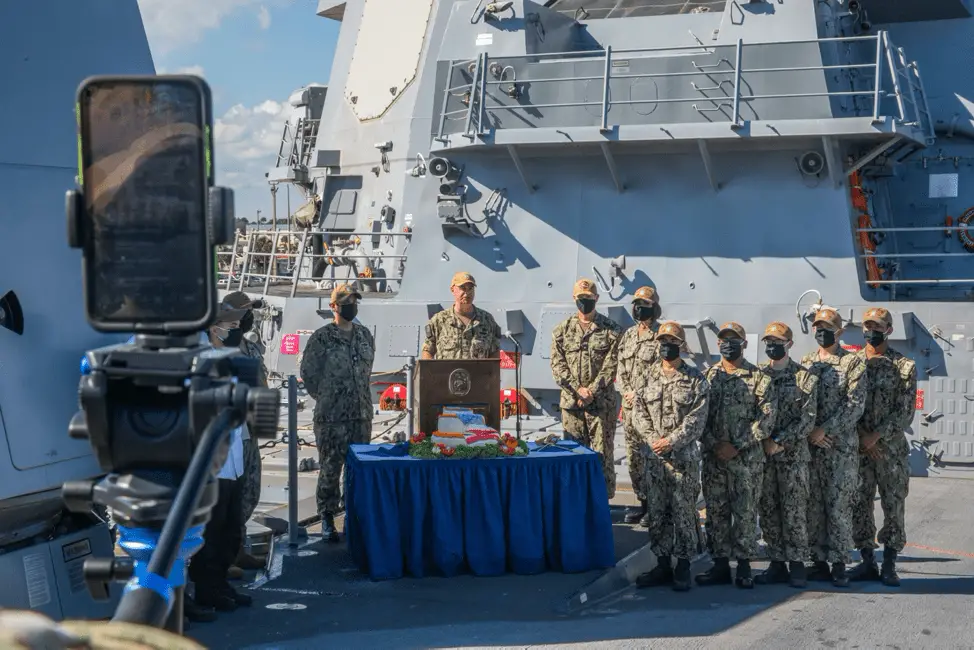Rear Adm. Brendan McLane, commander, Naval Surface Force Atlantic, introduces the Task Group Greyhound (TGG) Initiative during a livestream aboard the guided-missile destroyer USS Thomas Hudner (DDG 116). 