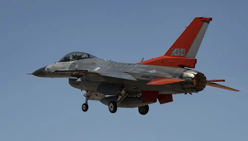 A QF-16 Full Scale Aerial Target takes off from Holloman Air Force Base, New Mexico for a rehearsal of a missile test on a QF-16.