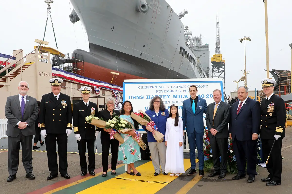 General Dynamics NASSCO christens and launches the future USNS Harvey Milk (T-AO 206)