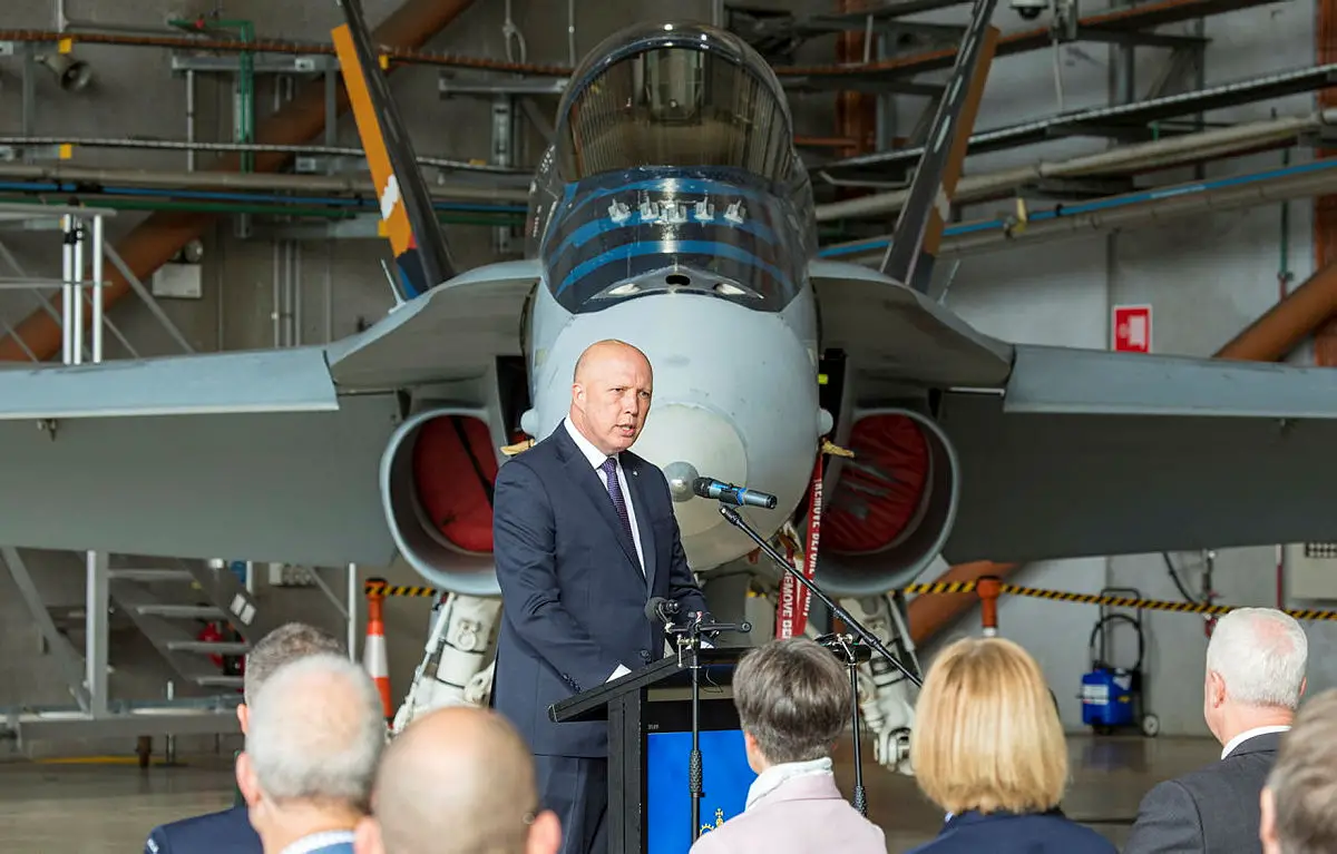 Minister for Defence The Hon Peter Dutton MP, addresses the guests attending the farewell ceremony for the F/A-18A/B Hornet at RAAF Base Williamtown, New South Wales.
