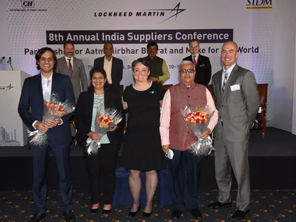  Rishab Mohan Gupta, Promoter and Director- Rossell India Ltd., Zeena Philip, COO- Rossell Techsys, Abby Lilly, VP, Global Supply Chain, Rotary & Mission Systems- Locheed Martin, Prabhat Kumar Bhagvandas, CEO- Rossell Techsys, Greg Laubisch, Director, RMS SC- Lockheed Martin at the recognition ceremony. 