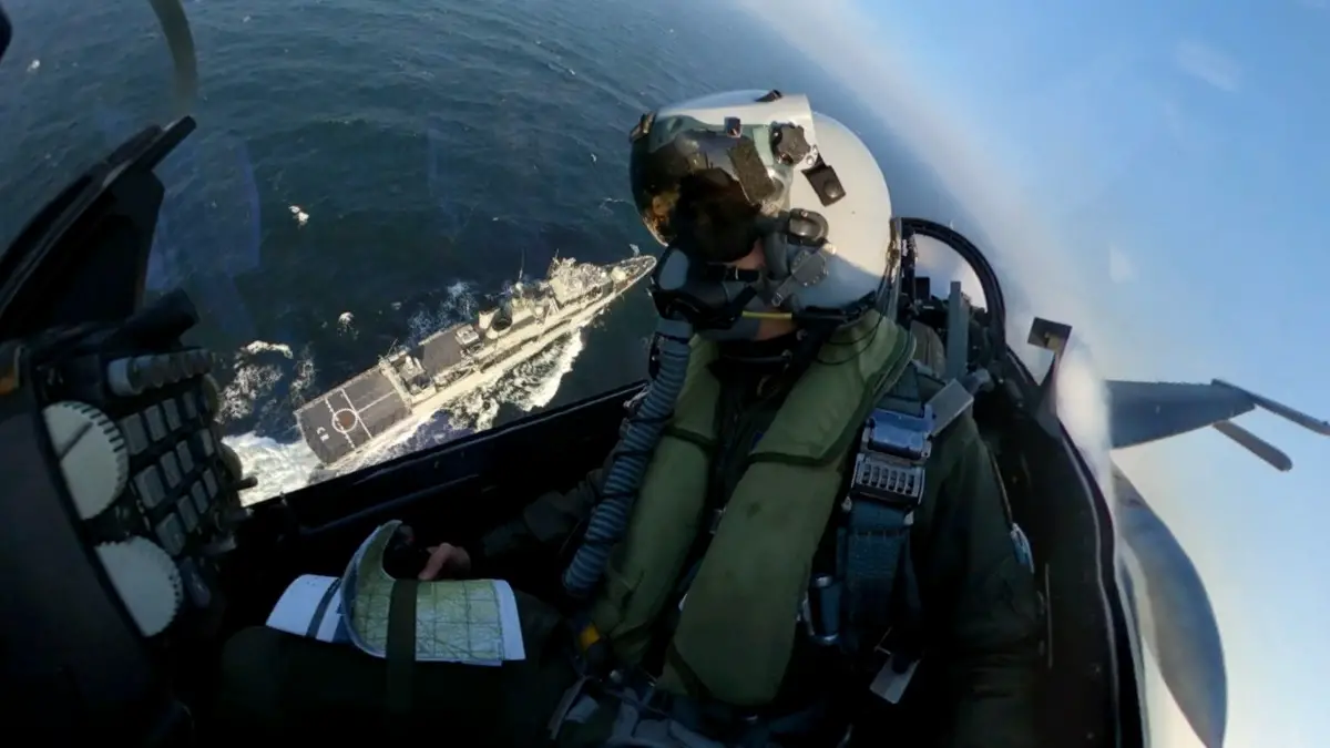 A Portuguese F-16 pilot assigned to Siauliai Air Base, Lithuania for enhanced Air Policing practised with the Standing NATO Maritime Group One during an anti-surface warfare exercise on October 29.