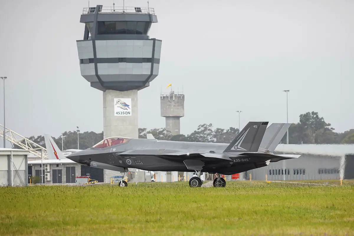 A F-35A Lightning II aircraft A30-045 taxis to the lines at RAAF Base Williamtown, in New South Wales.
