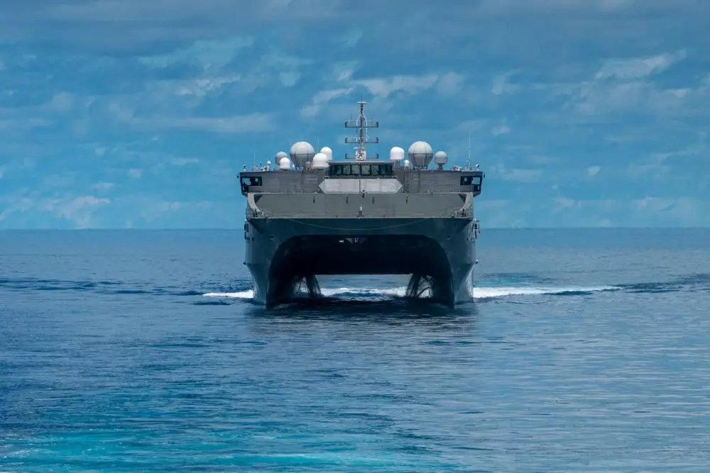 The Spearhead-class expeditionary fast transport USNS Millinocket (T-EPF-3) transits the Java Sea, during Cooperation Afloat and Readiness and Training (CARAT) Indonesia 2021. 