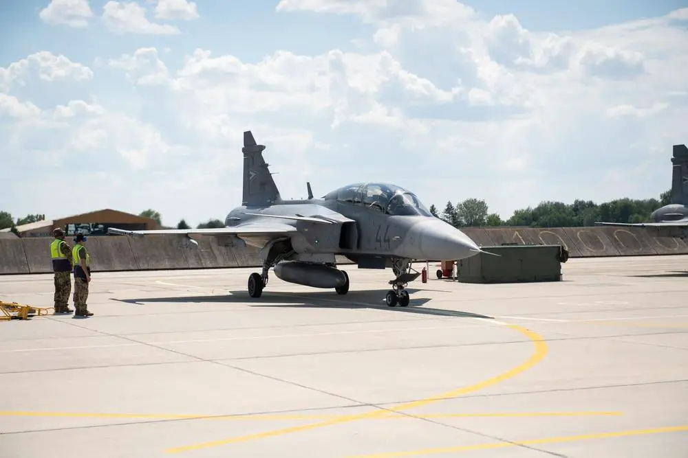 A JAS 39 Gripen fighter aircraft waits to taxi at Kecskemét Air Base, Hungary, June 7, 2021. The aircraft performed a fueling and takeoff demonstration as part of European Partnership Flight event co-hosted by U.S. Air Forces in Europe - Air Forces Africa Airmen and the Hungarian air force. (U.S. Air Force photo by 2nd Lieutenant Ridge Miller)