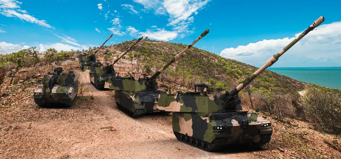 Hanwha Defense Australia AS9 Huntsman 155mm Self-Propelled Howitzers (SPHs) and A10 Armoured Ammunition Resupply Vehicles (AARV).