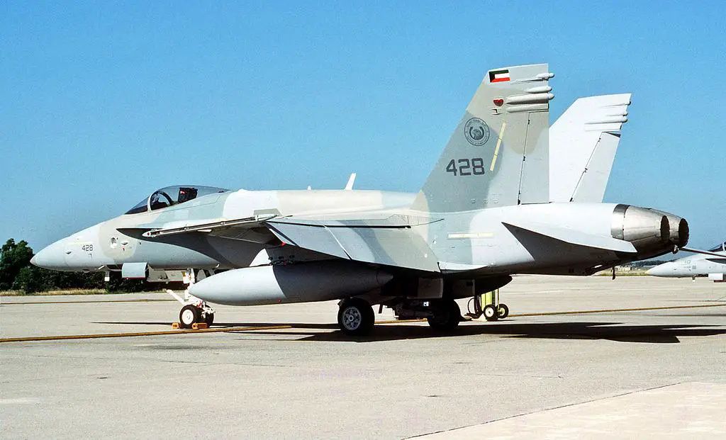 A camouflaged F-18C Hornet aircraft of the Kuwaiti Air Force parked on the flight line. 