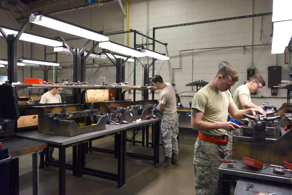 Airmen from the 5th Munitions Squadron maintain and repair various equipment at Minot Air Force Base, N.D., Dec. 5, 2017. The 5 MUNS Airmen repair MAU-12 ejector bomb racks, heavy stores adapter beam, conventional rotary launchers and cluster bomb racks. (U.S. Air Force photo by Airman 1st Class Dillon J. Audit)