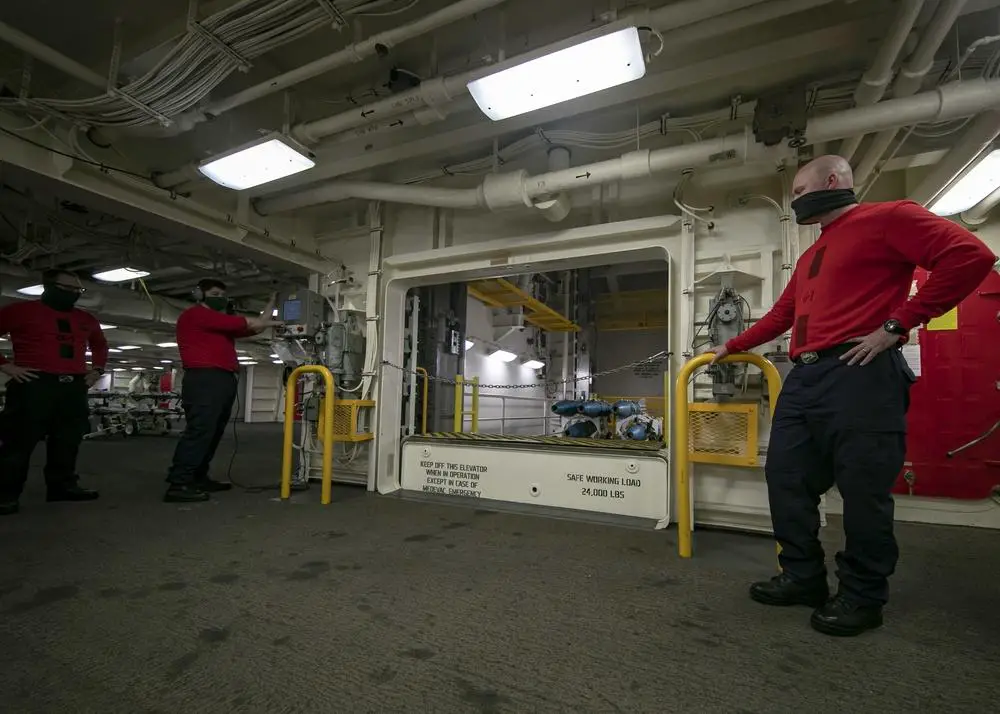 Sailors assigned to USS Gerald R. Ford's (CVN 78) weapons department, receive MK-82 500-pound class inert bombs on one of Ford's Advanced Weapons Elevators (AWE).