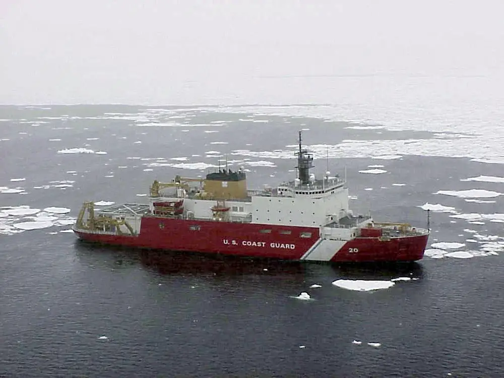 The Coast Guard Cutter Healy (WAGB 20) enters the ice for the first time just east of Strait of Belle Isle. 