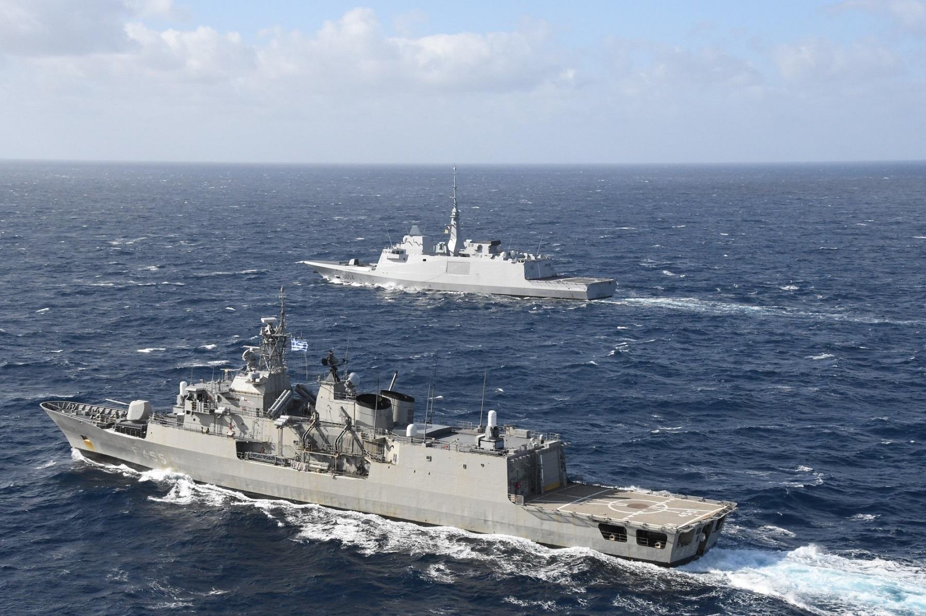 French Navy Frigate Auvergne and Hellenic Navy Frigate Salamis Conduct Joint Drill Off Crete Island