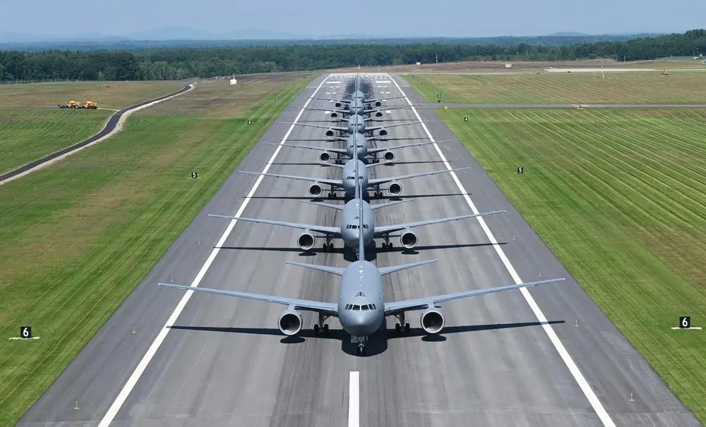 157th Air Refueling Wing held the first KC-46 elephant walk at an Air National Guard Base in history Sept. 8, 2021 at Pease Air National Guard Base, New Hampshire. The aircraft taxied down the runway and into their parking spaces in preparation for the Air Show this weekend.