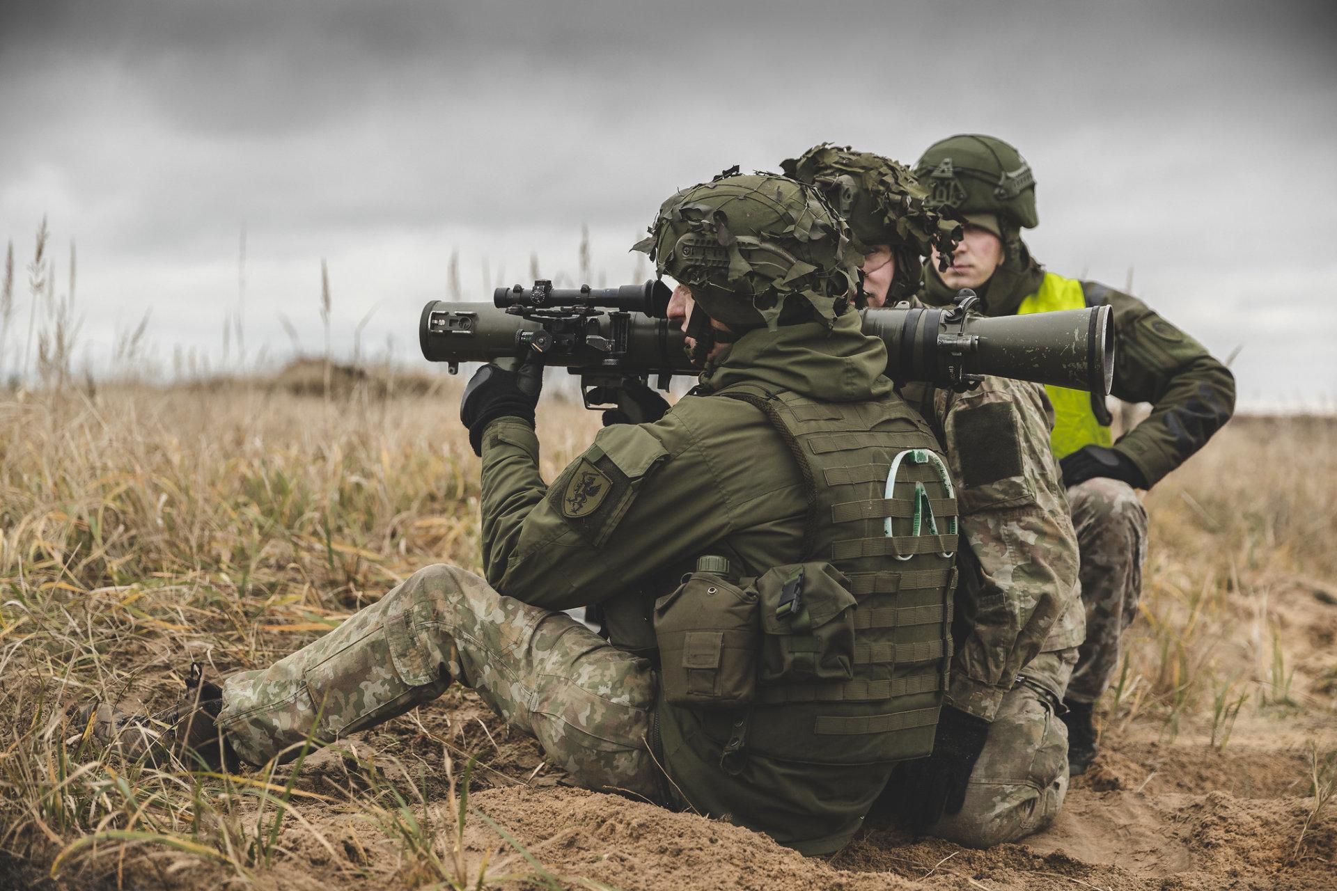 Lithuanian Land Forces soldiers firing the Carl-Gustav anti-tank weapon system. 