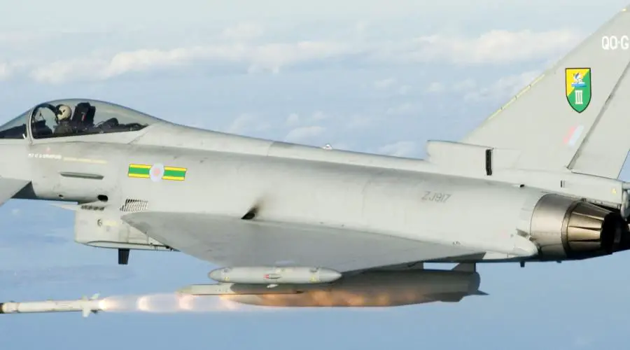 3(F) Squadron RAF Eurofighter Typhoon based at RAF Coningsby, Lincoln, England firing a MBDA ASRAAM missile. 