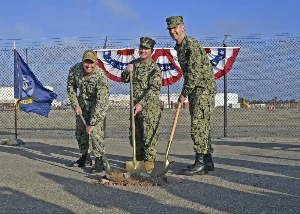 Surface Development Squadron 1 Commander Capt. Jeffrey Heames, Fleet Introduction Team Principal Assistant Program Manager Capt. William Filip and Unmanned Maritime Systems Program Office Manager Capt. Pete Small pose for a photo with shovels at the Parcel 19 groundbreaking ceremony on Dec. 8 onboard Naval Base Ventura County, Port Hueneme.