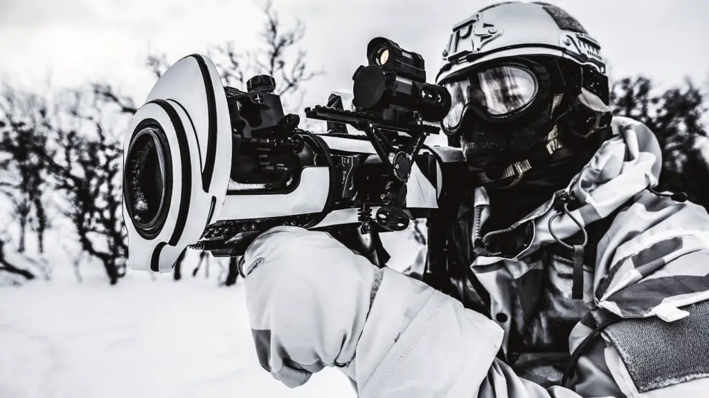 Swedish Army soldier with Carl-Gustaf M4 recoilless rifle equipped with Fire Control Device