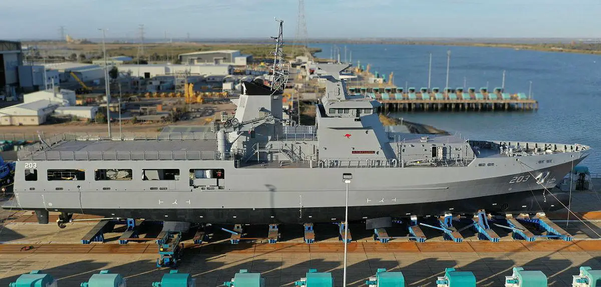 Arafura Class Offshore Patrol Vessel, NUSHIP Arafura, at Osborne Naval Shipyard in South Australia.