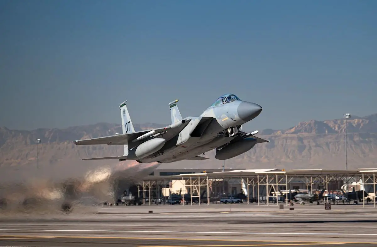 An F-15C Eagle takes off to conduct its final defensive counter air vul during Weapons School Integration 21-B at Nellis Air Force Base, Nevada, Dec. 8, 2021.