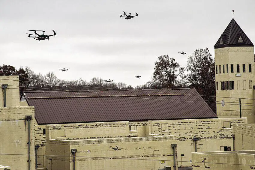 A swarm of drones scans the Cassidy Range Complex at Fort Campbell in a scenario conducted Nov. 16 during the final field experiment for the OFFensive Swarm Enabled Tactics, or OFFSET, program. Researchers with the Defense Advanced Research Projects Agency, or DARPA, designed OFFSET with the goal of allowing infantry units to use swarms with upwards of 250 drones to accomplish diverse mission objectives in urban environments.