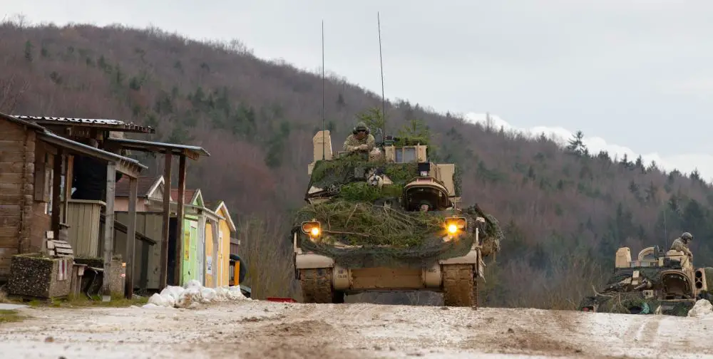 Soldiers with 1st Battalion, 16th Infantry Regiment “Iron Rangers,” 1st Armored Brigade Combat Team, 1st Infantry Division (1/1ID) roll through training areas in M2A2 Bradley Fighting Vehicles during Combined Resolve XVI (CBR XVI) at the Joint Multinational Readiness Center (JMRC) in Hohenfels, Germany,