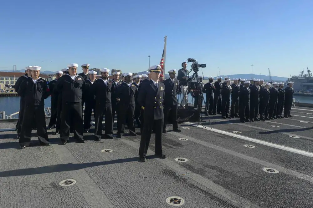 NAVAL BASE SAN DIEGO Sailors assigned to Independence-variant littoral combat ship USS Kansas City (LCS 22) stand in formation during a commissioning commemoration ceremony on the flight deck.