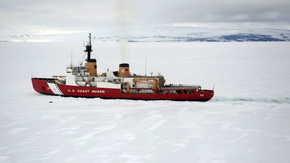 The Coast Guard Cutter Polar Star, the Coast Guard’s only operational heavy icebreaker capable of conducting Antarctic ice operations, carves a channel in Antarctic ice near the coast of Ross Island, Jan. 16, 2017. The cutter is an integral part of the yearly operation to resupply the National Science Foundation’s McMurdo Station.