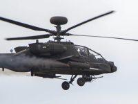 A U.S. Army AH-64E Apache helicopter assigned fires Hydra 70 rockets during a combined arms live-fire exercise at Joint Base Lewis-McChord, Washington.