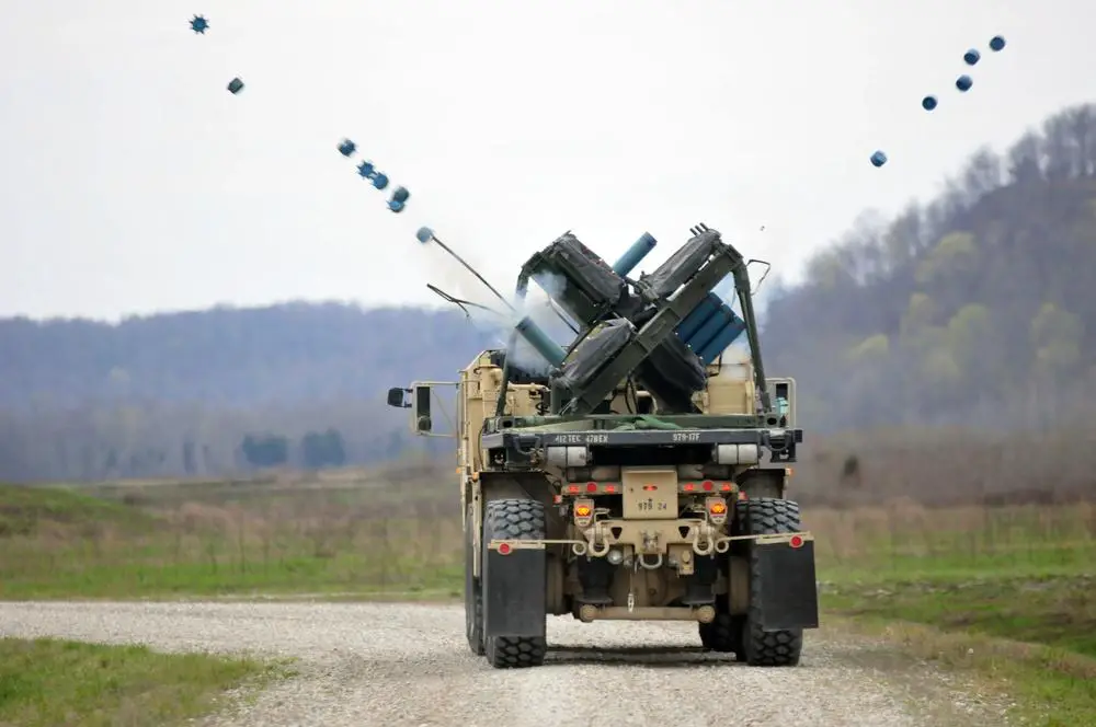 A M-136 Volcano weapons system emplaces training mines during the company's training at Wilcox Range on Fort Knox, Ky.