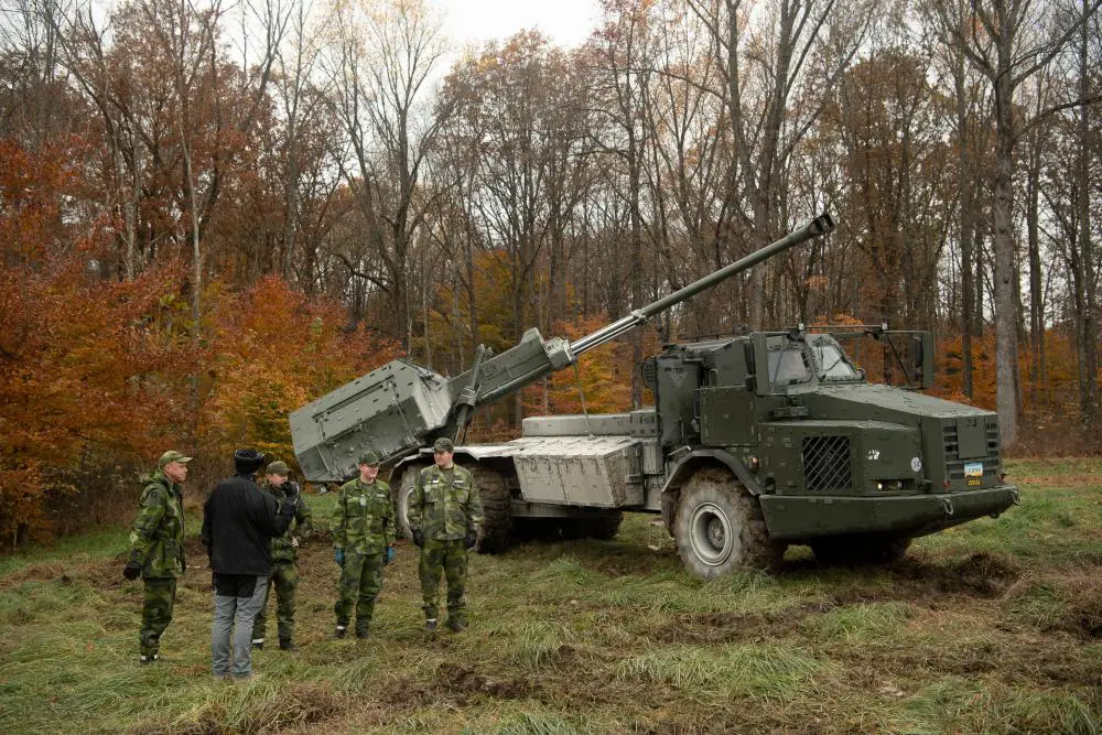 U.S. Soldiers and Airmen observe a mobile artillery demonstration by the Swedish Armed Forces on Nov. 15, 2021, at Camp Atterbury, IN. 
