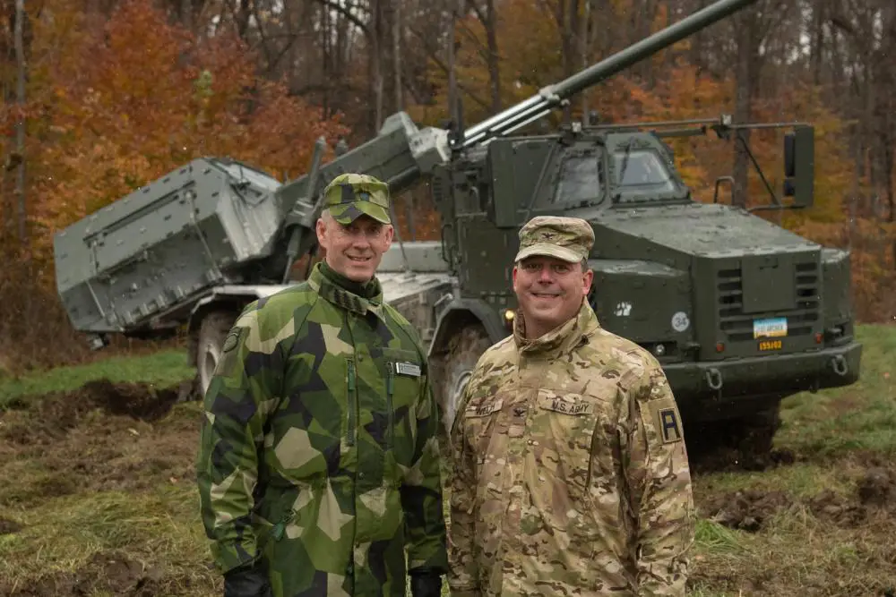 U.S. Army Col. David Welch, chief of staff, 1st Army Division East, and Swedish Armed Forces Brig. Gen. Jonny Lindfors, Chief of Joint Force Training Directorate, stand in front of a Swedish Archer Artillery System on Nov.