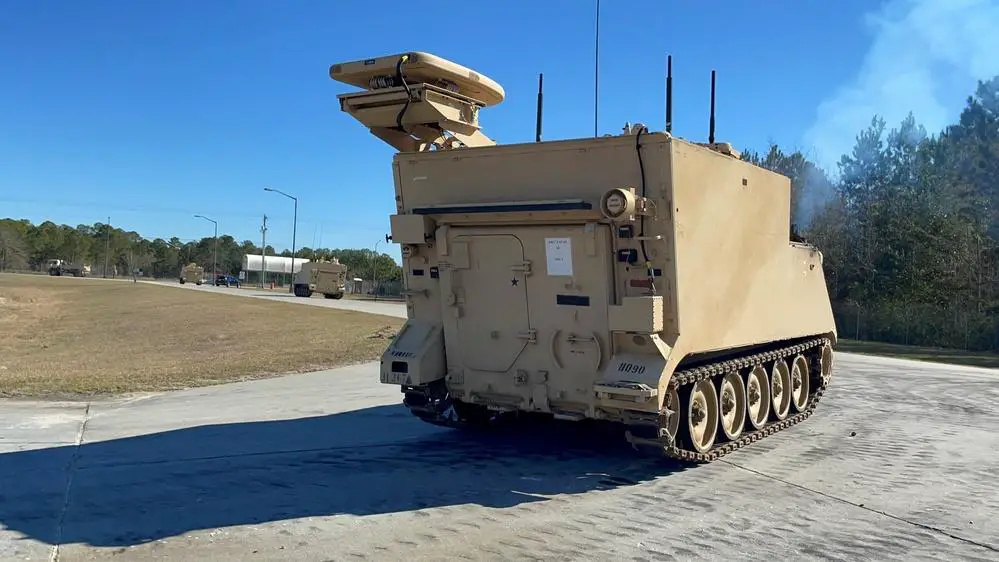 One of the vehicle platforms integrated with a wide variety of mature and emerging commercial mobile network technology prototypes, assigned to the "Spartan Brigade," 3rd Infantry Division, departs the motor pool to commence the three-week Armored Formation On-The-Move Network pilot at Fort Stewart, Georgia, Jan. 24, 2022.