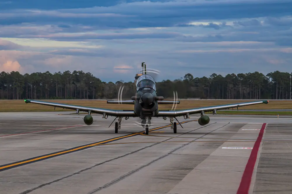 A U.S. Air Force AT-6E Wolverine taxis on the flightline during its arrival at Moody Air Force, Georgia, Jan. 12, 2022. Pilots from the 81st Fighter Squadron, who are on loan to the 23rd Wing, will be flying the AT-6 aircraft alongside partner nation personnel.