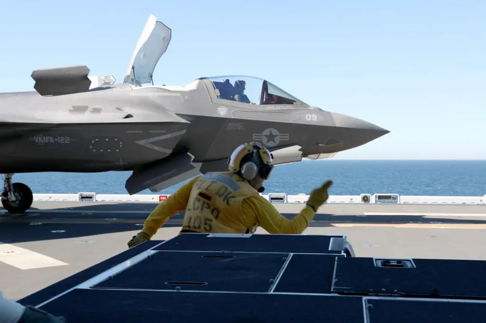An F-35B Lightning II attached to Marine Fighter Attack Squadron (VMFA) 122 launches from the flight deck of amphibious assault ship USS Tripoli (LHA 7), Jan. 11.