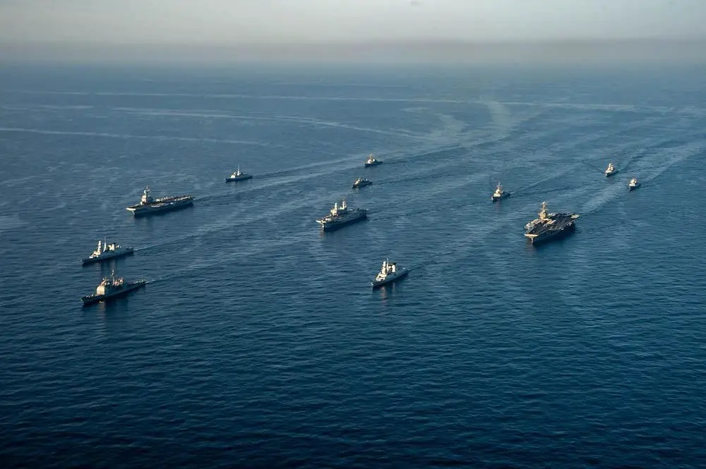 Elements of Carrier Strike Group (CSG) 8, the ITS Cavour Strike Group and the Charles de Gaulle Carrier Strike Group (TF 473) transit the Mediterranean Sea in formation, Feb. 6, 2022. 