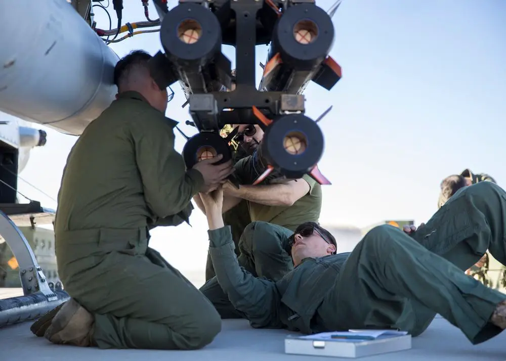 U.S. Marines with Marine Operational Test and Evaluation Squadron 1 (VMX-1) load a joint air-to-ground missile (JAGM) onto an AH-1Z Viper during an operational test at Marine Corps Air Station Yuma, Arizona, Dec. 6, 2021. VMX-1 fired and evaluated the JAGM to determine its suitability and effectiveness to support expeditionary advanced base operations, such as conducting strike and Close Air Support Missions.