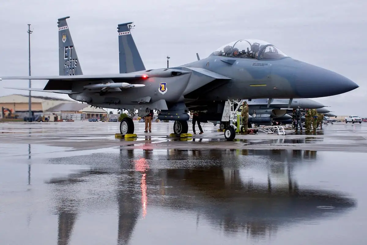 The 40th Flight Test Squadron’s F-15EX Eagle II waits to taxi out for a Weapons System Evaluation Program mission Jan. 25 at Tyndall Air Force Base, Fla. The aircrew aboard fired an AIM-120 missile during the sortie marking the first live firing from the Air Force’s newest fighter aircraft. The fighter fired the missile at a BQM-167 aerial target over the Gulf of Mexico.