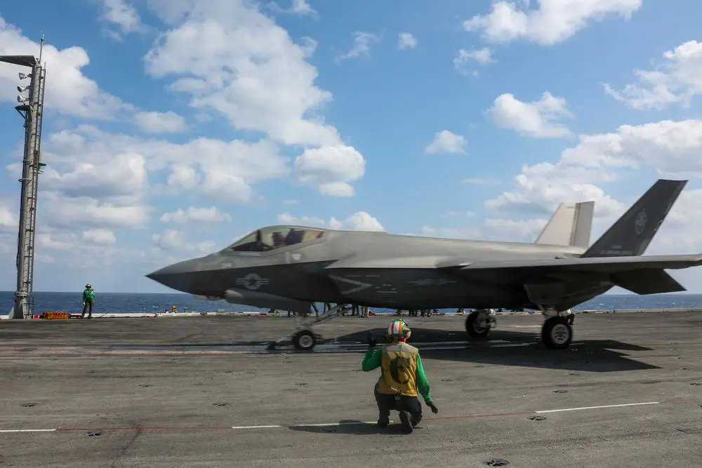 An F-35C Lightning II, assigned to the "Black Knights" of Marine Fighter Attack Squadron (VMFA) 314, prepares to launch from the flight deck of the Nimitz-class aircraft carrier USS Abraham Lincoln (CVN 72). 