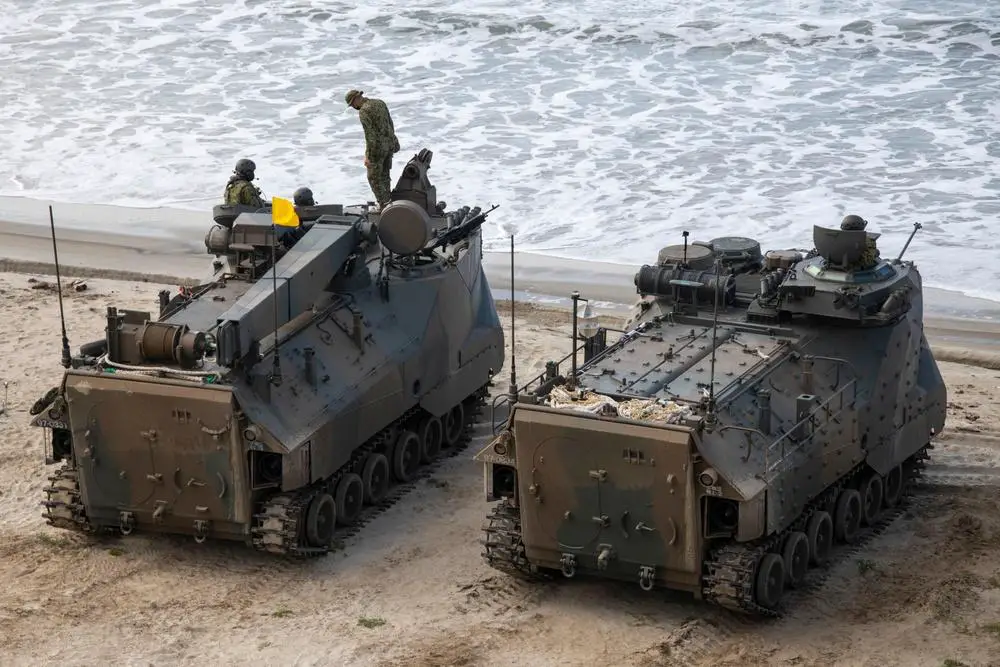Japan Ground Self-Defense Force (JGSDF) assault amphibious vehicles assigned to 2nd Amphibious Rapid Deployment Regiment prepare for waterborne operations during bilateral amphibious assault training as part of exercise Iron Fist 2022 at White Beach, Marine Corps Base Camp Pendleton, California, Feb. 1, 2022.