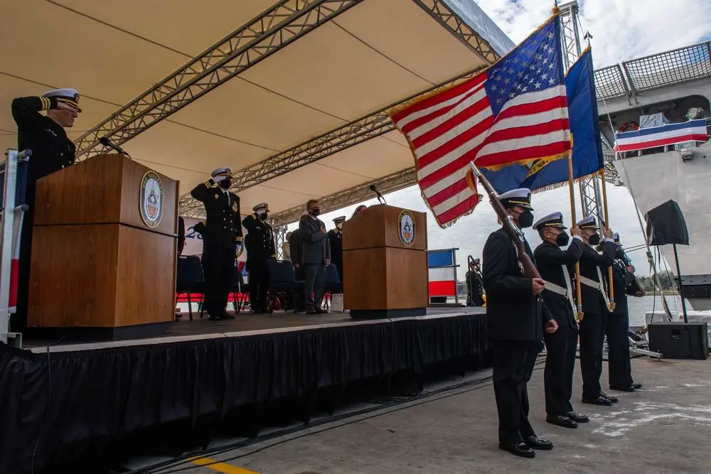 Midshipmen from the Savannah State University Naval Reserve Officer Training Corps (NROTC) Color Guard parade the colors during the commissioning ceremony for the Independence-variant littoral combat ship USS Savannah (LCS 28).