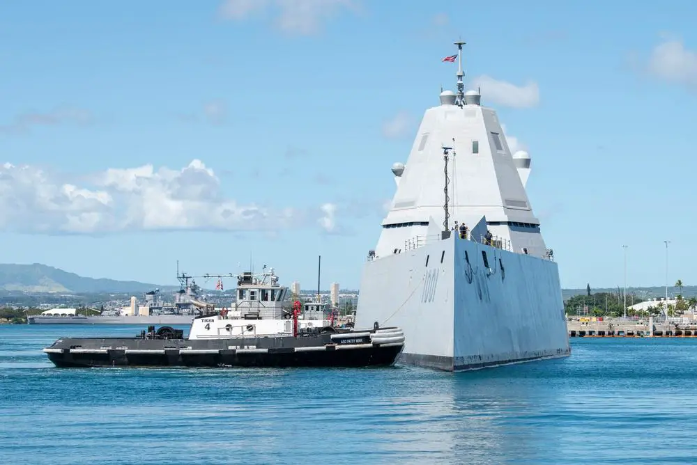 The Zumwalt-class destroyer USS Michael Monsoor (DDG 1001) arrives at Joint Base Pearl Harbor-Hickam, Feb. 17.