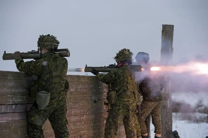 Canadian soldiers from the enhanced Forward Presence Battle Group Latvia fire a M72 Light Anti-tank Weapon System (LAW) during a practice range at Camp Adazi.