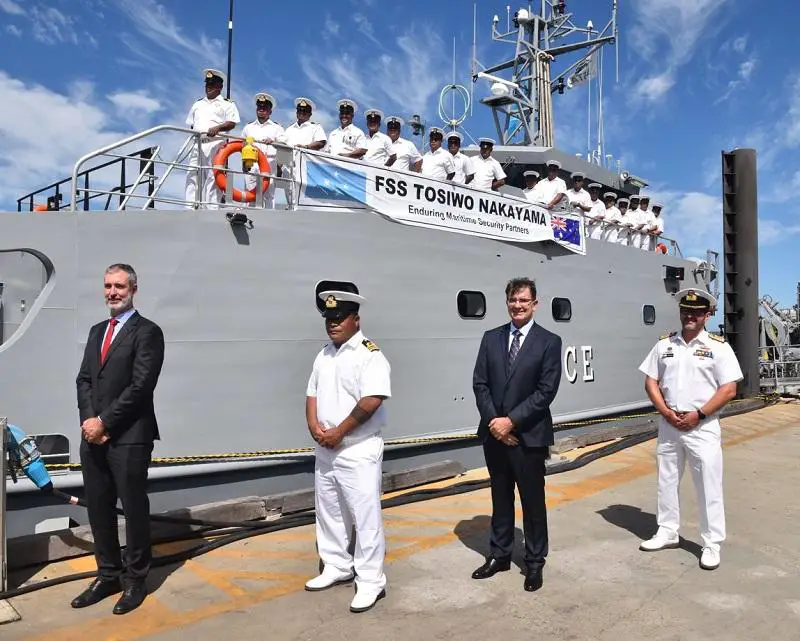 From left: David Kingston, Assistant Secretary Ship Acquisition Specialist Ships, Department of Defence; Lieutenant Commander Paulino Yangitesmal, Commanding Officer of FSS Tosiwo Nakayama; Mr Ian McMillan, Chief Operating Officer Austal Australia; and Commodore Ivan Ingham AM, Senior ADF Officer Western Australia with the crew of the FSS Tosiwo Nakayama 