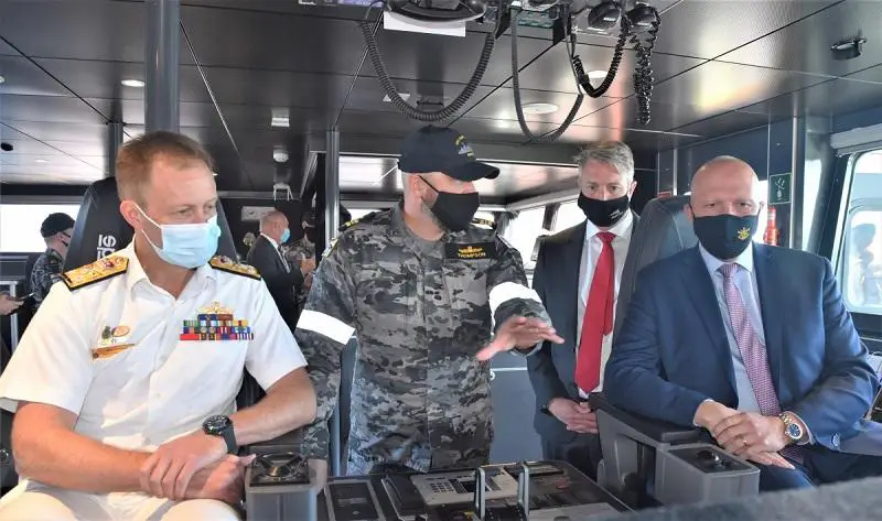 From Left: VADM Michael Noonan AO, LCDR James Thompson CO ADV Cape Otway, Austal CEO Paddy Gregg, Minister for Defence The Hon Peter Dutton MP, in the bridge of the ADV Cape Otway