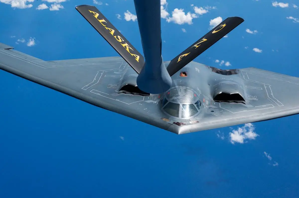 A B-2 Spirit from Whiteman Air Force Base, Mo., prepares to conduct aerial refueling operations with a KC-135 Stratotanker from the Alaska Air National Guard, during a training mission in the Indo-Pacific region, March 23, 2022.